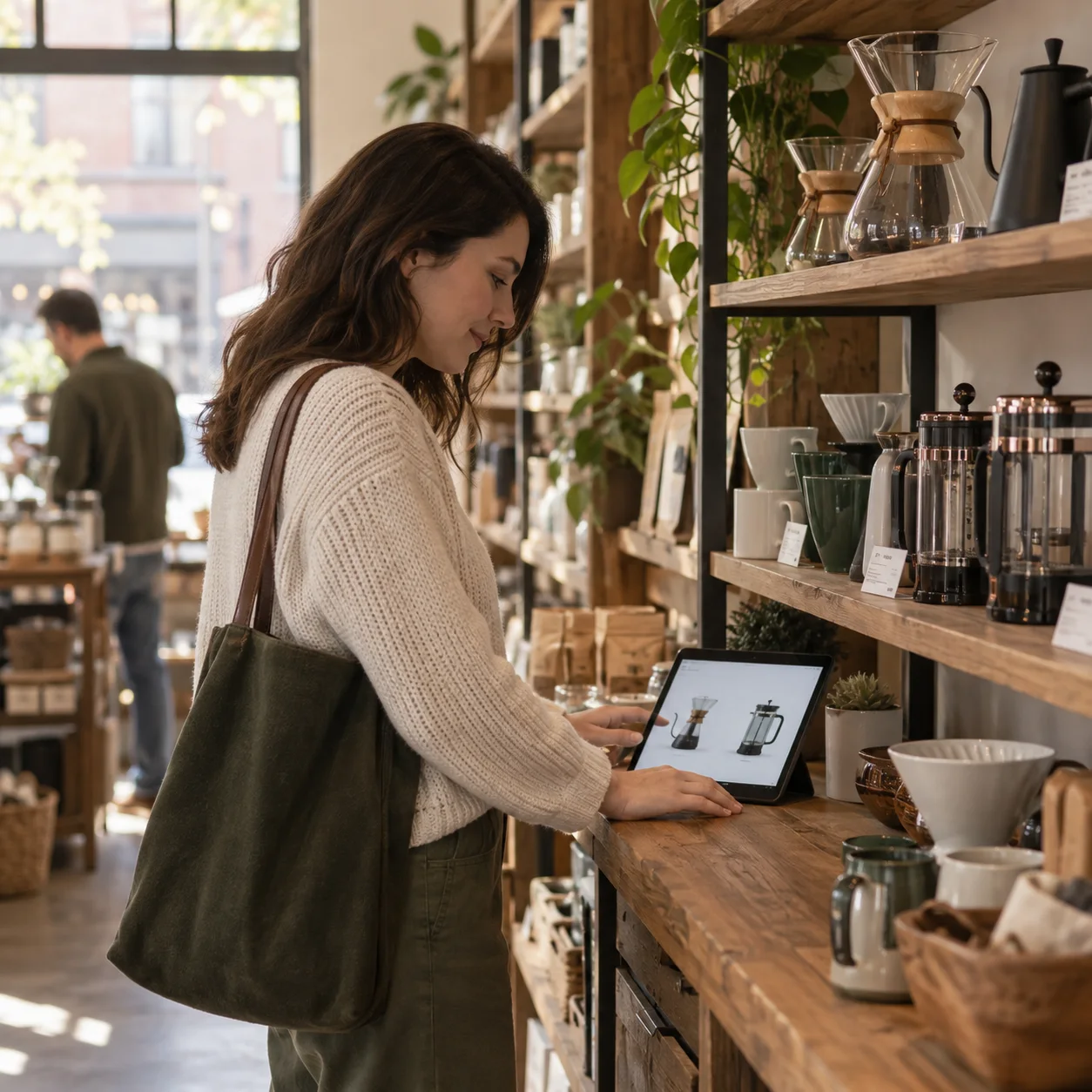 A customer comparing coffee equipment with guidance from an in-store tablet