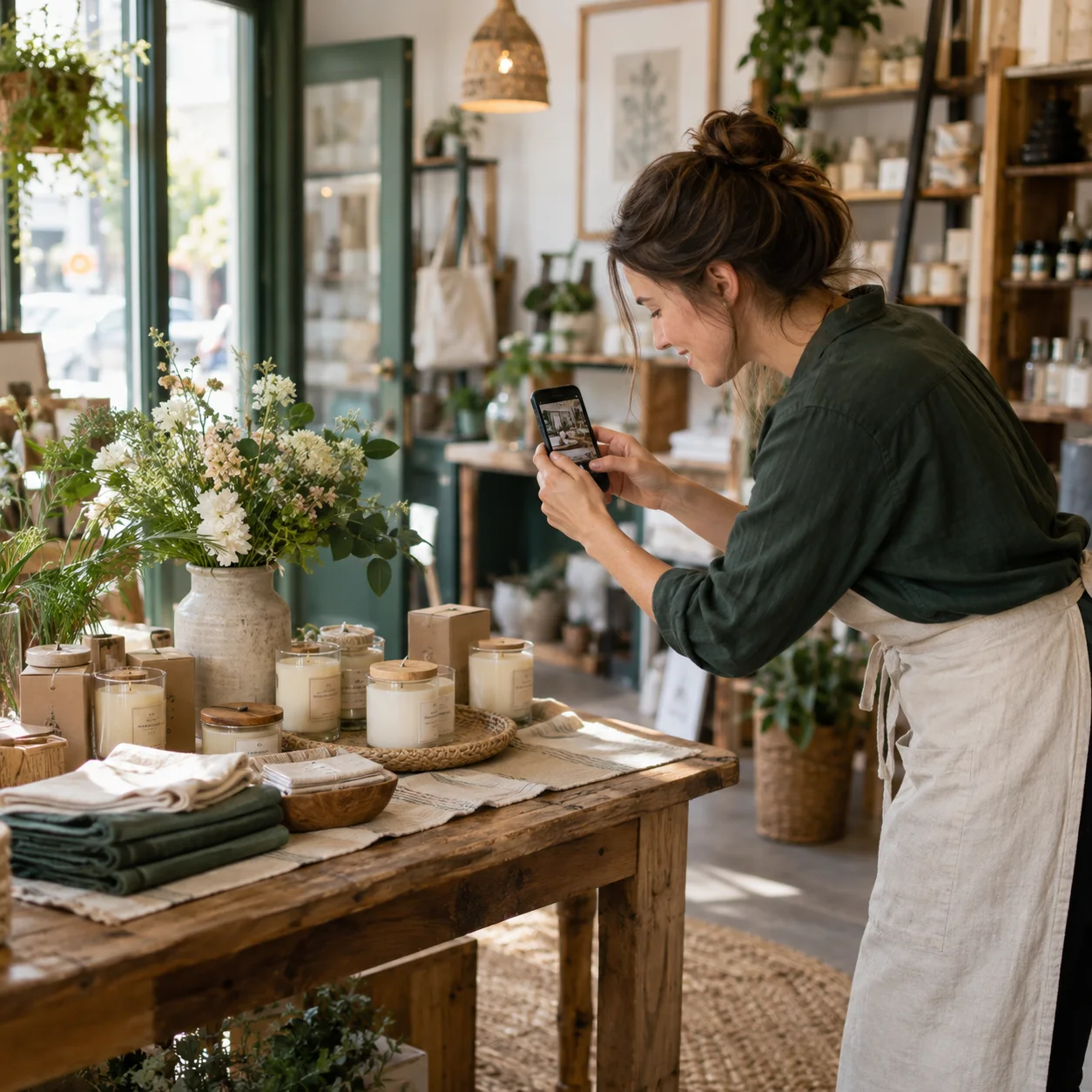 A boutique owner photographing a seasonal candle and linen display