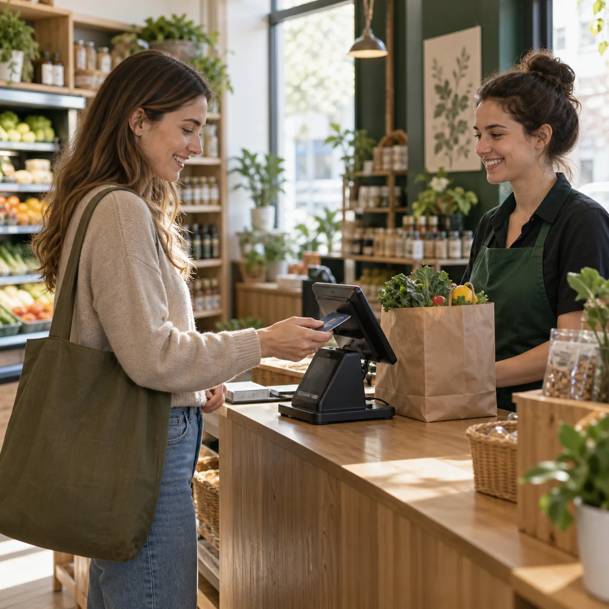 A customer paying by card at a grocery checkout
