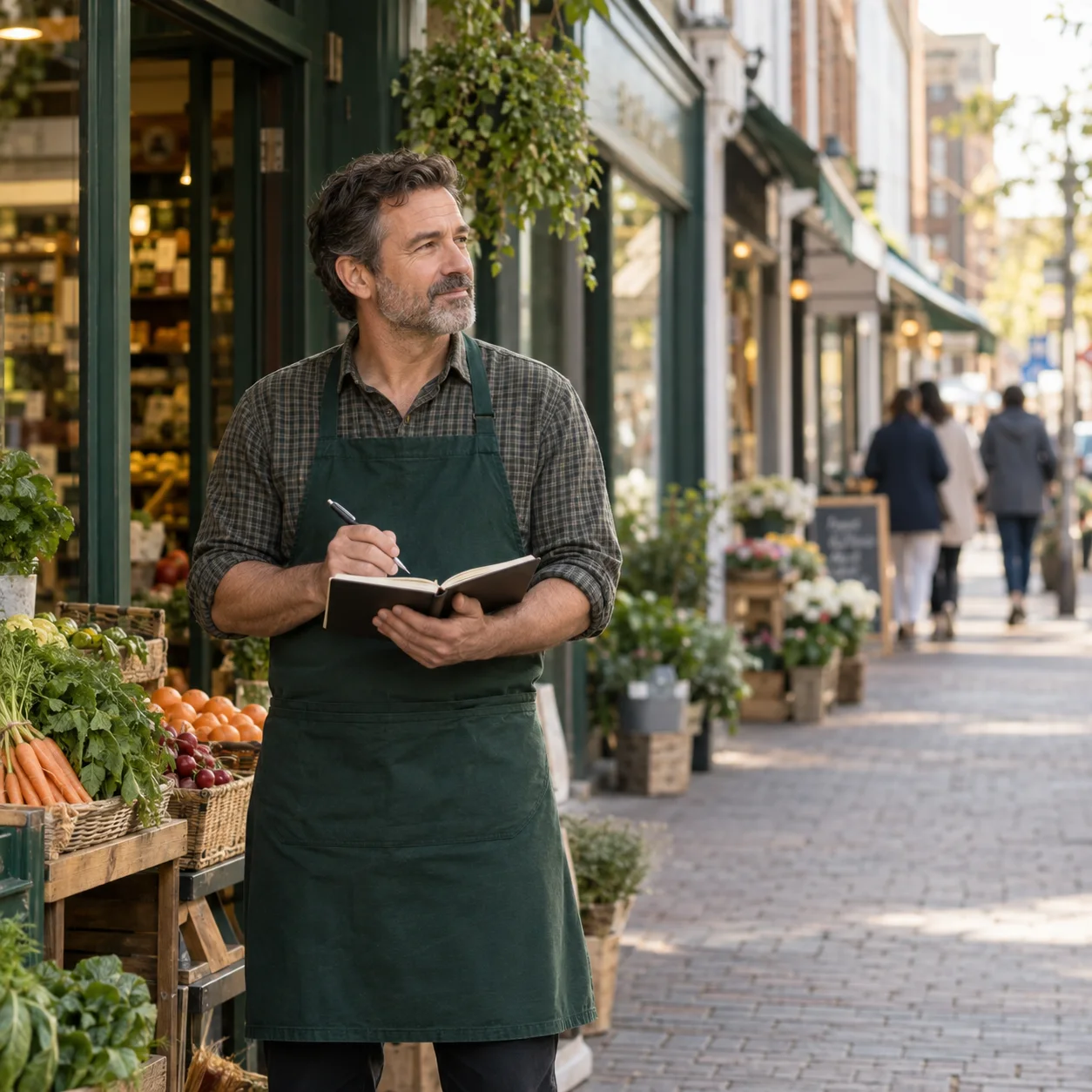 A grocery owner observing neighboring shops from his storefront