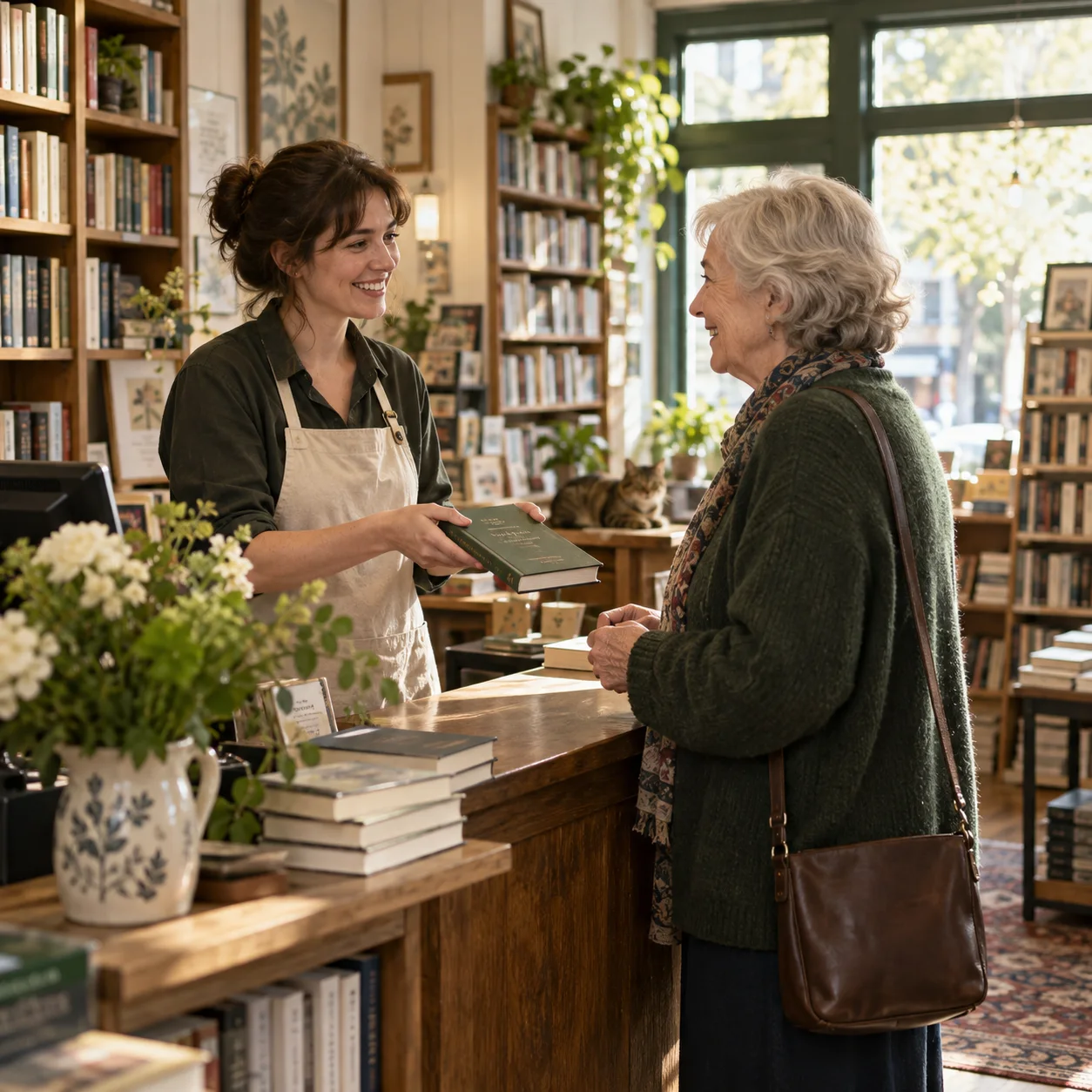 A bookstore owner recommending a book to a familiar customer