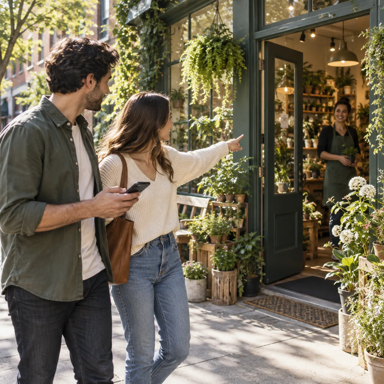 Customers using a phone to find a welcoming neighborhood plant shop