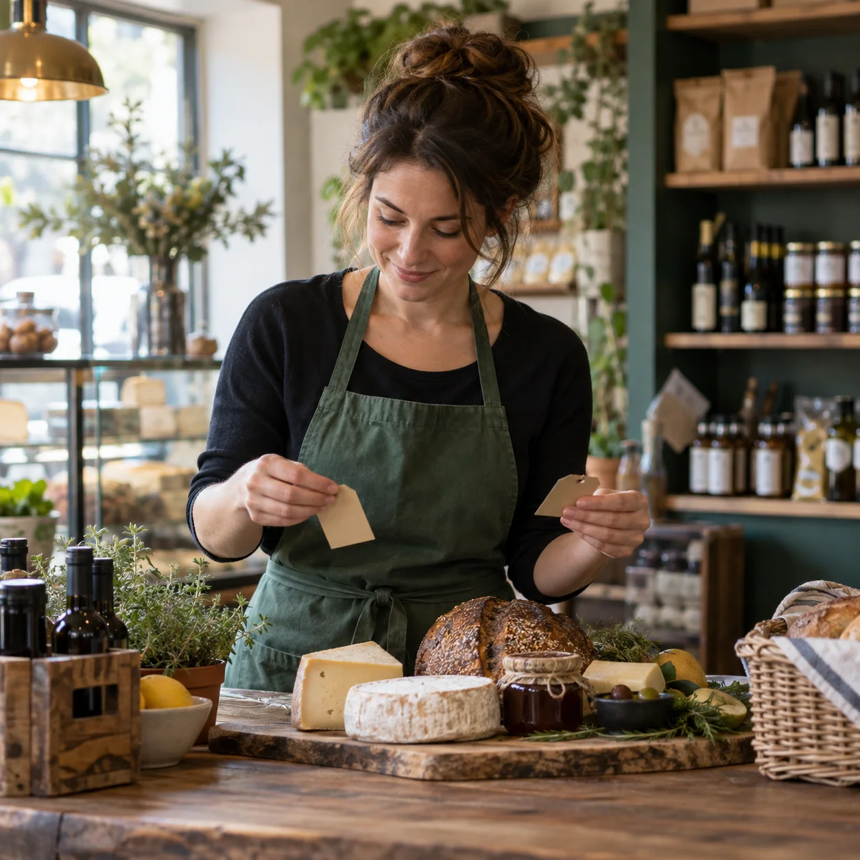 A deli owner preparing a bundle of cheese, bread and preserves