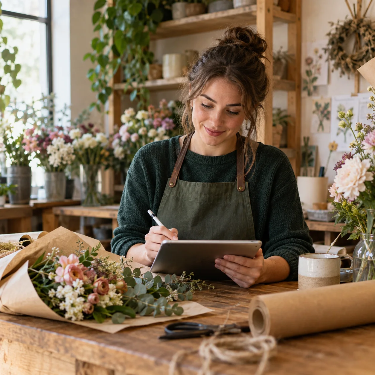 A flower shop owner reviewing customer feedback on a tablet