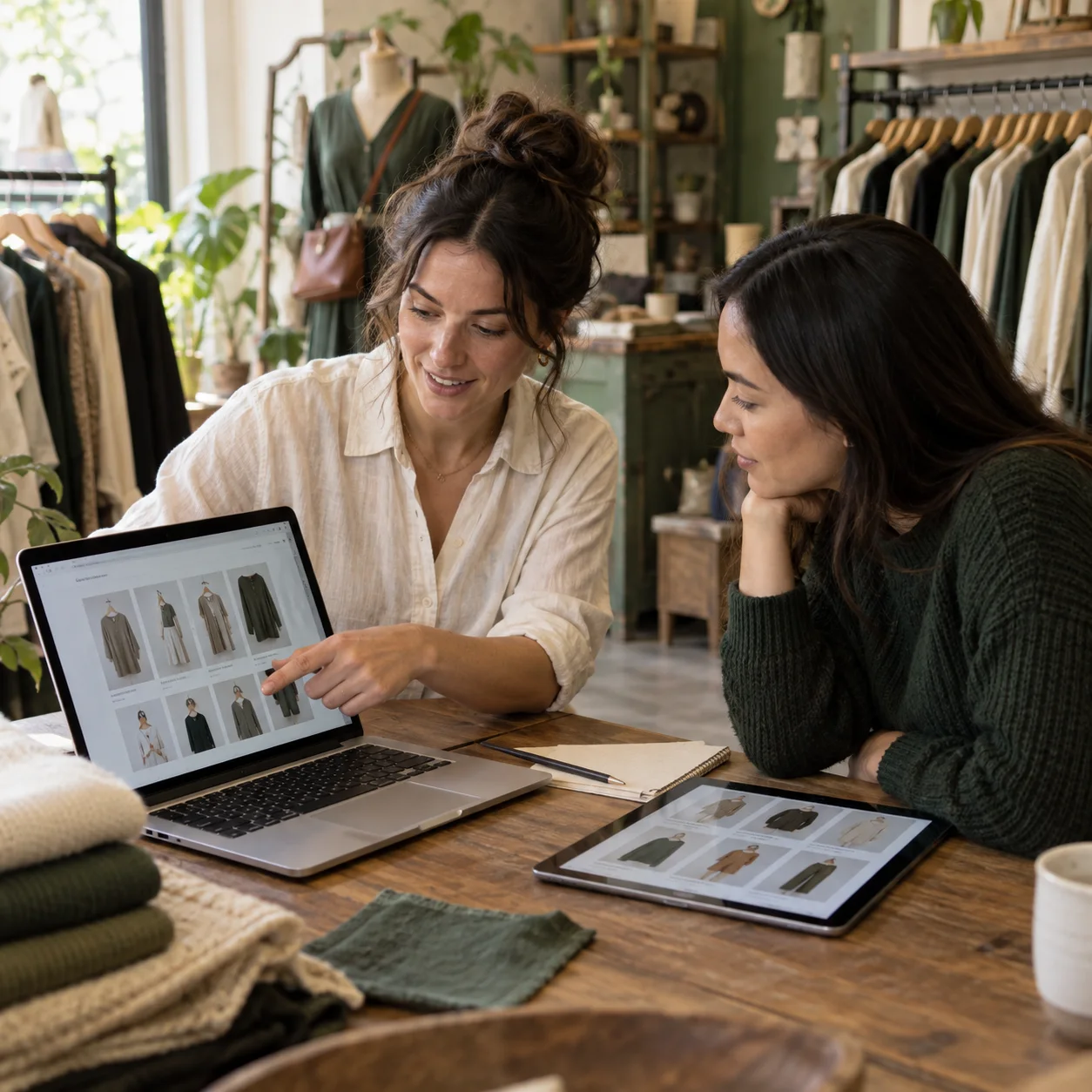 A boutique owner and designer comparing online store layouts