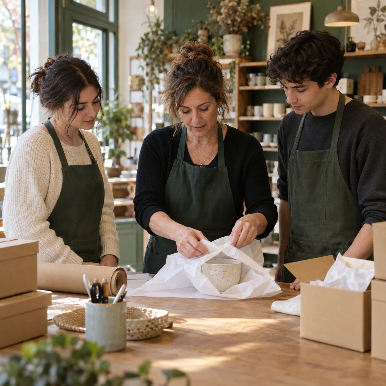 A shop manager teaching colleagues how to wrap a ceramic bowl